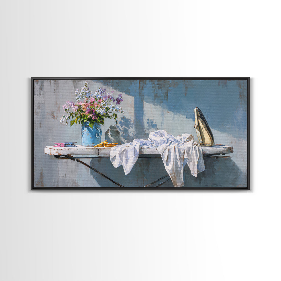 Ironing Board Still Life Framed Canvas Print, Laundry Room Art, Statement Artwork, Living Room Decor, Fine Art, Clean, LRA-2x1-20