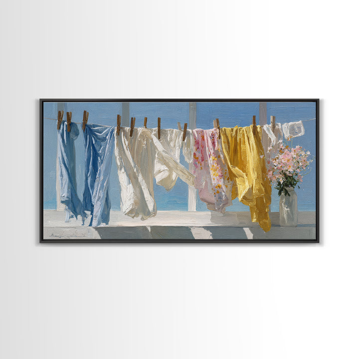 Clothesline with White Linens Blowing in Sunshine Canvas Print, Laundry Room Art, Home Decor, Living Room Decor, Clean, LRA-2x1-21