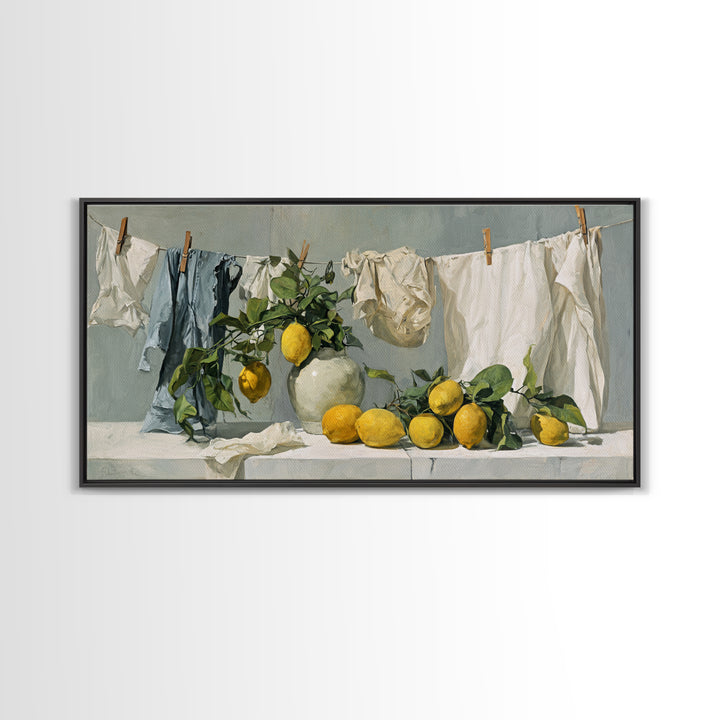 Lemon and Clean Linen Still Life Framed Canvas Print, Laundry Room Art, Digital Wall Art, Living Room Decor, Abstract Art, LRA-2x1-23