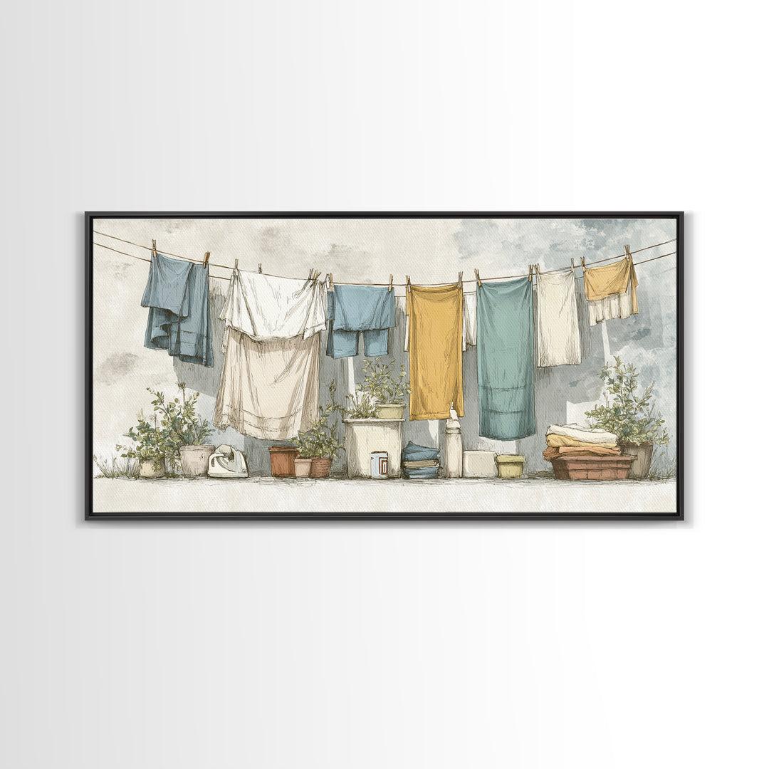 Retro Iron Illustration Framed Canvas Print, Laundry Room Art, Living Room Decor, Watercolor Art, Clean, Wall Art Print, LRA-2x1-29