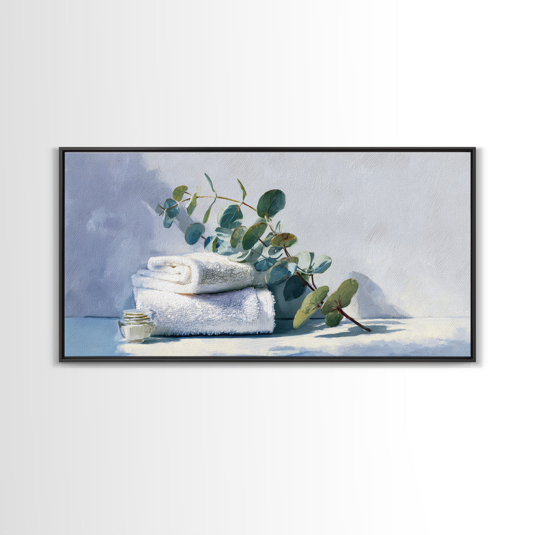 Sunlit White Towels and Eucalyptus Branch Canvas Print, Laundry Room Art, Digital Print, Living Room Decor, Fine Art, Clean, LRA-2x1-31