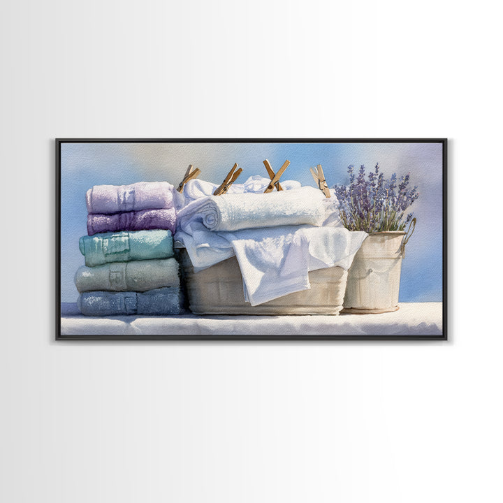 Basket of Folded Towels Framed Canvas Print, Laundry Room Art, Art Print, Living Room Decor, Fine Art, Clean, Artwork, LRA-2x1-34