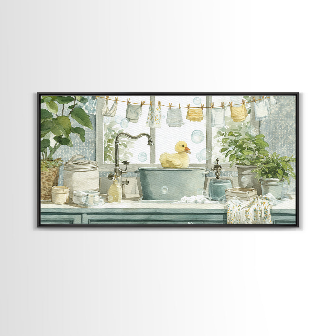 Duck and Bubbles Whimsical Watercolor Framed Canvas Print, Laundry Room Art, Living Room Decor, Oil Painting, Clean, LRA-2x1-35