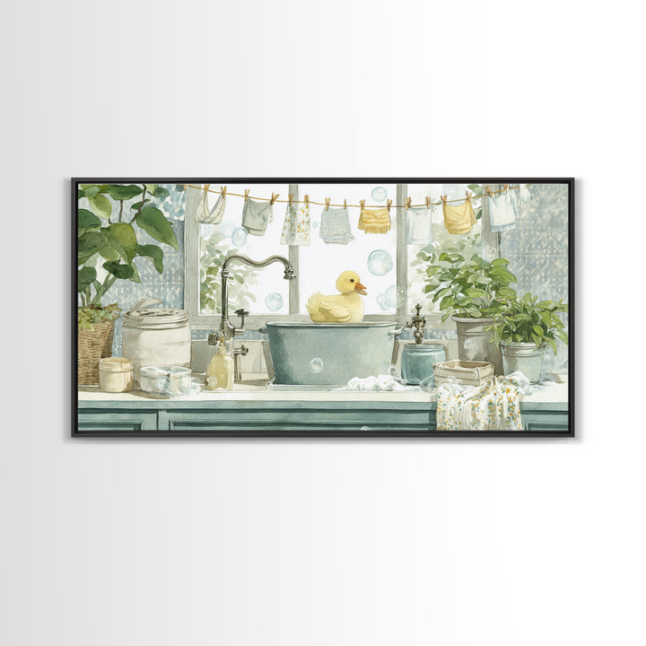 Duck and Bubbles Whimsical Watercolor Framed Canvas Print, Laundry Room Art, Living Room Decor, Oil Painting, Clean, LRA-2x1-35