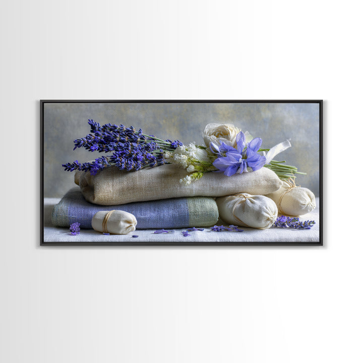 Lavender Sachet and Ribbon Still Life Framed Canvas Print, Laundry Room Art, Minimalist Decor, Living Room Decor, Clean, LRA-2x1-37