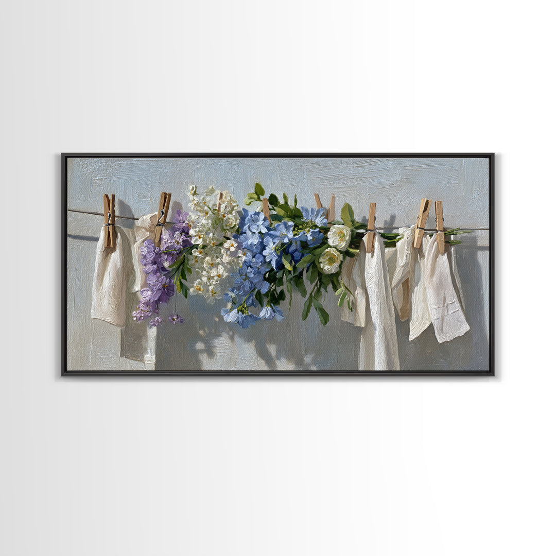 Clothespin Bouquet in Folk Art Style Framed Canvas Print, Laundry Room Art, Wall Decor, Living Room Decor, Fine Art, Clean, LRA-2x1-40