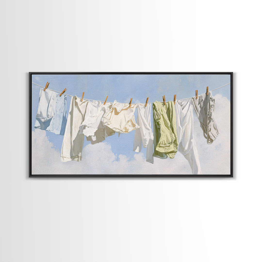 Clothesline with White Linens Blowing in Sunshine Canvas Print, Laundry Room Art, Digital Wall Art, Living Room Decor, Clean, LRA-2x1-45