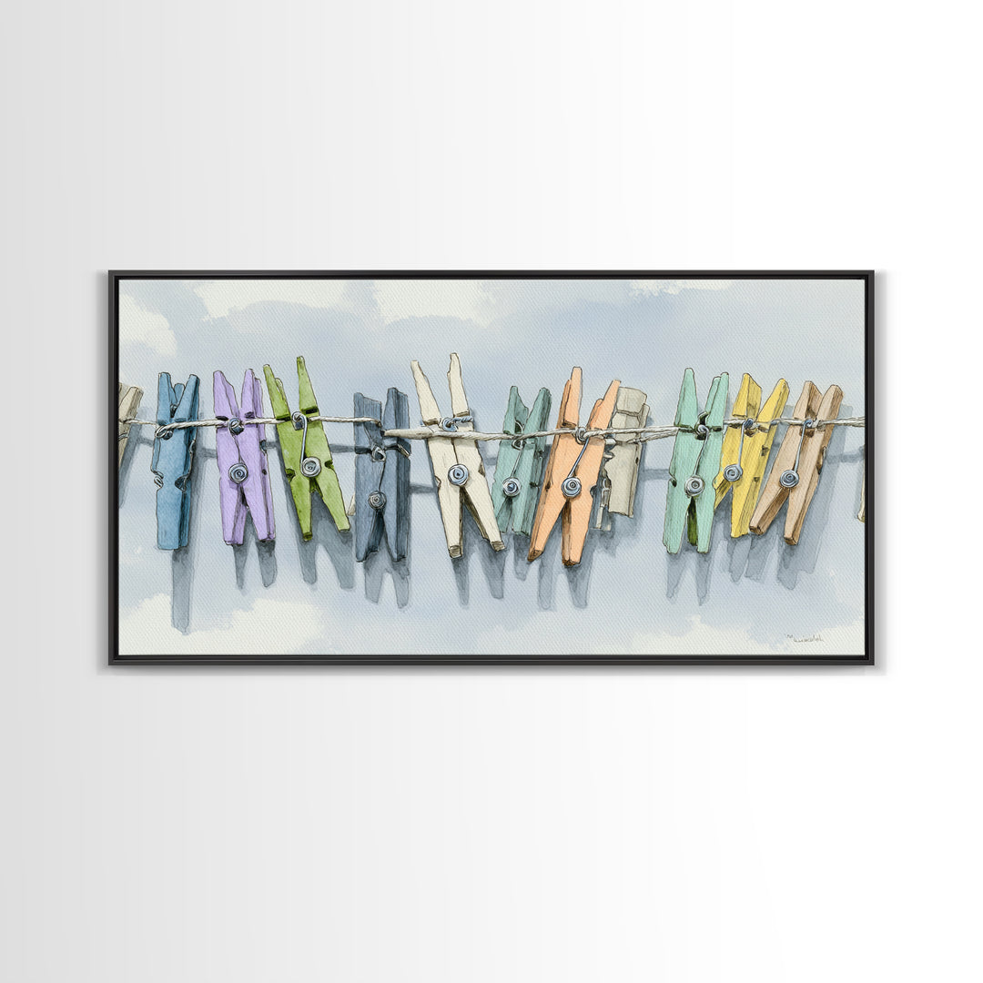 Cheerful Clothespins Arranged as Pattern Canvas Print, Laundry Room Art, Digital Art, Living Room Decor, Fine Art, Clean, LRA-2x1-48
