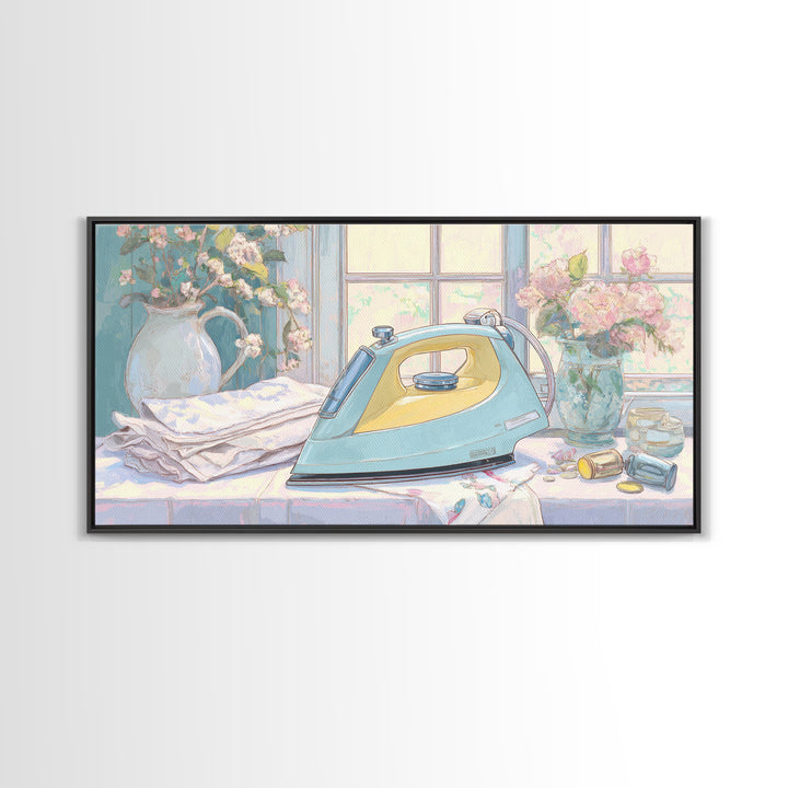 Retro Iron Illustration Framed Canvas Print, Laundry Room Art, Living Room Decor, Watercolor Art, Clean, Wall Art Print, LRA-2x1-5
