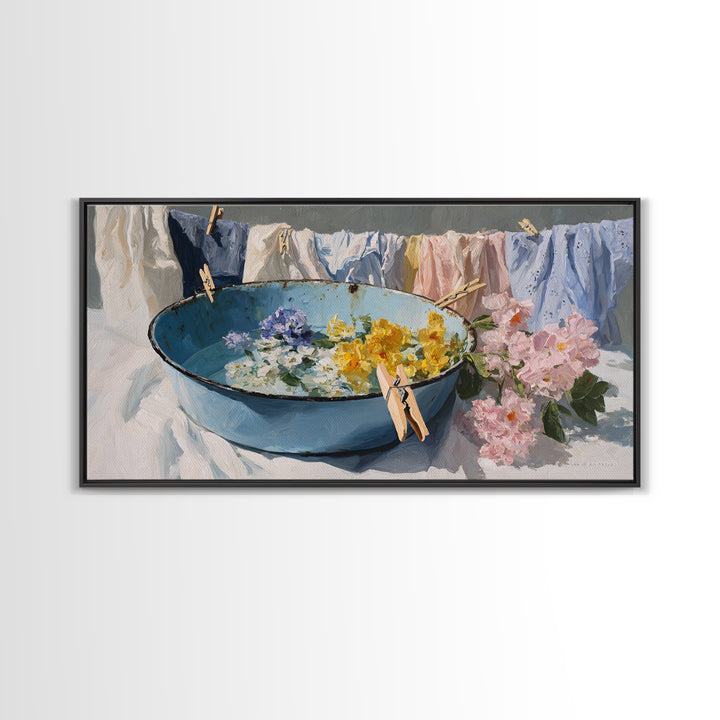 Old Enamel Basin Filled Canvas Print, Laundry Room Art, Printable Wall Art, Living Room Decor, Watercolor Art, Clean, LRA-2x1-52