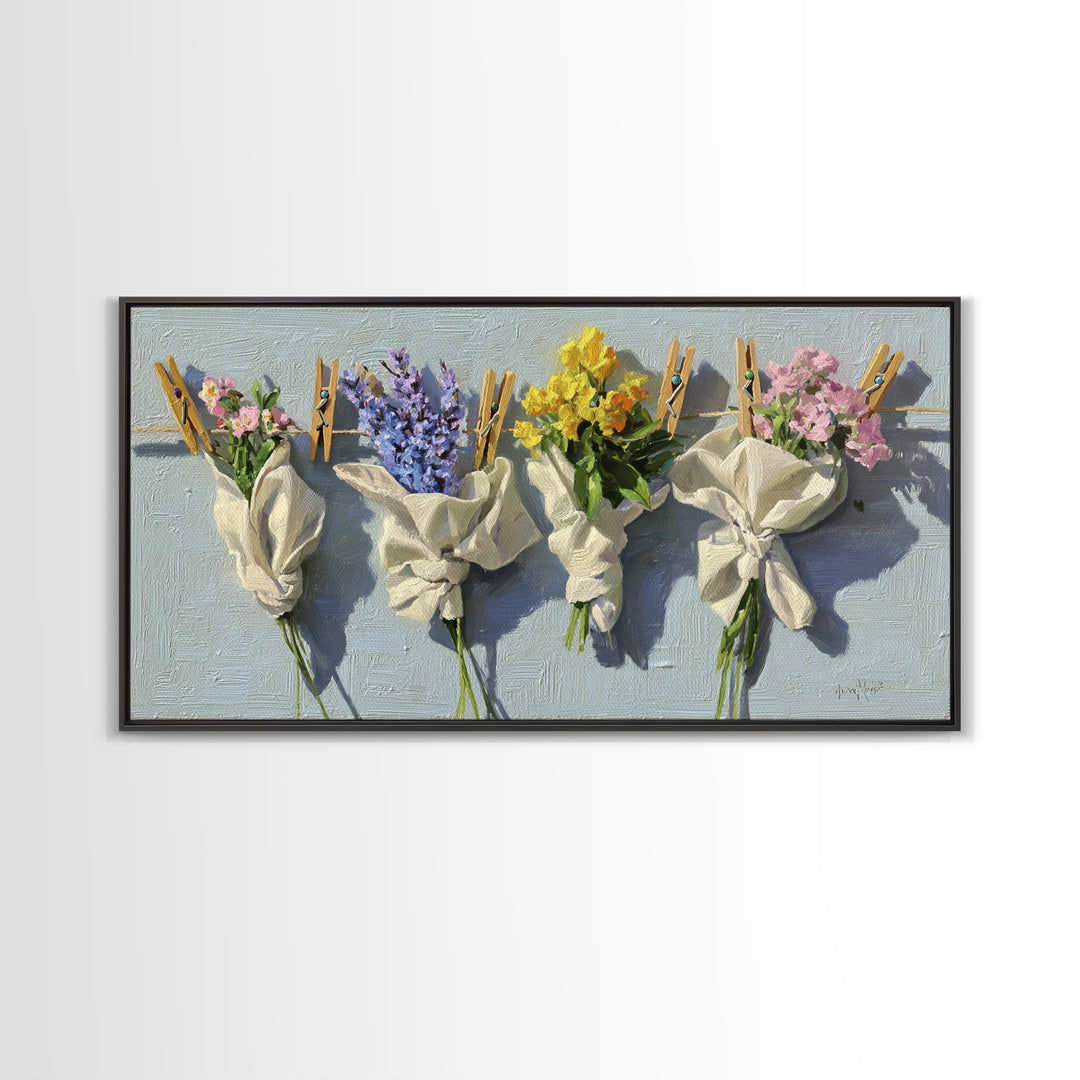 Clothespin Bouquet in Folk Art Style Canvas Print, Laundry Room Art, Artwork, Living Room Decor, Clean, Minimalist Wall Art, LRA-2x1-64