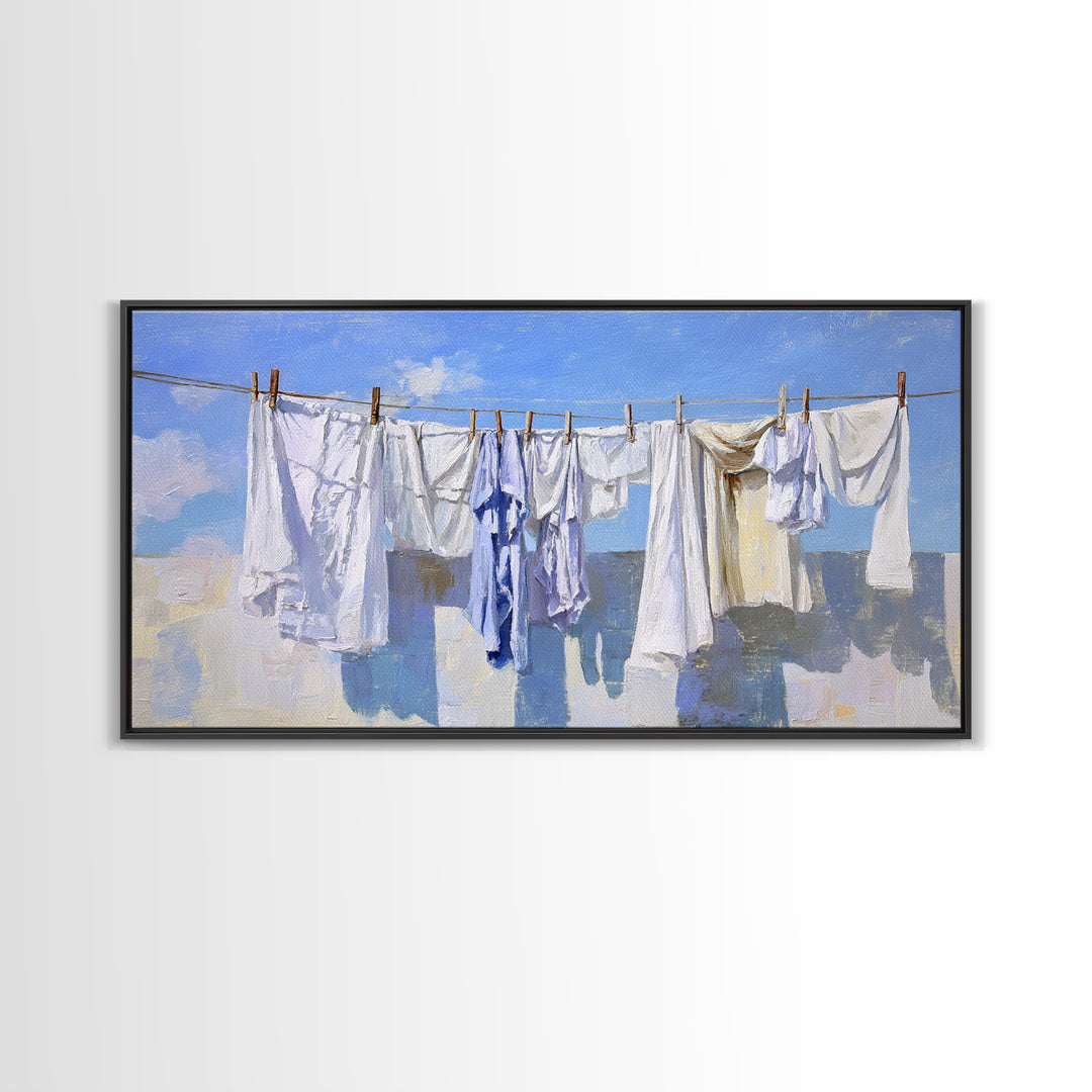 Clothesline with White Linens Blowing in Sunshine Canvas Print, Laundry Room Art, Farmhouse Decor, Living Room Decor, Clean, LRA-2x1-69