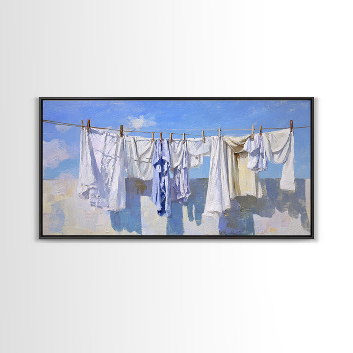 Clothesline with White Linens Blowing in Sunshine Canvas Print, Laundry Room Art, Farmhouse Decor, Living Room Decor, Clean, LRA-2x1-69