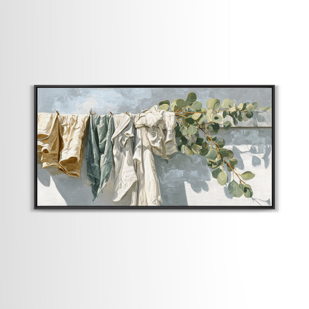 Sunlit White Towels and Eucalyptus Branch Framed Canvas Print, Laundry Room Art, Living Room Decor, Watercolor Art, Clean, LRA-2x1-7