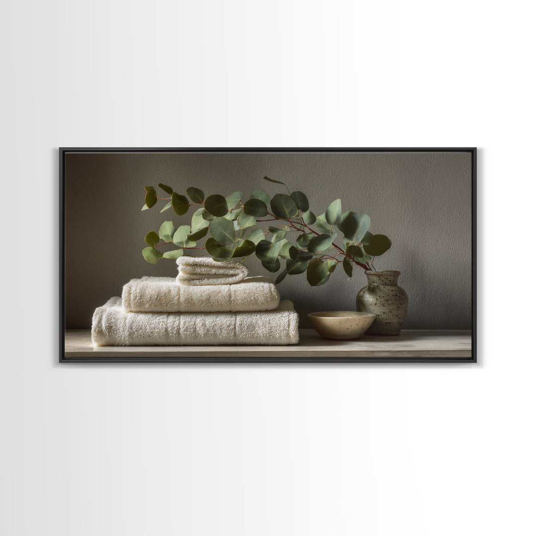 Sunlit White Towels and Eucalyptus Branch Canvas Print, Laundry Room Art, Gallery Wall Prints, Living Room Decor, Clean, LRA-2x1-79