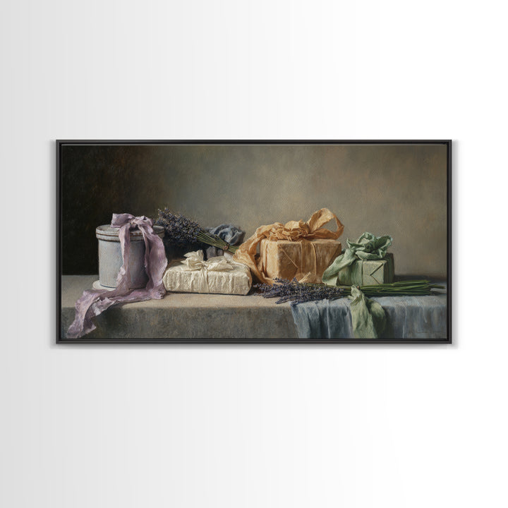 Lavender Sachet and Ribbon Still Life Framed Canvas Print, Laundry Room Art, Printable Art, Living Room Decor, Fine Art, Clean, LRA-2x1-85