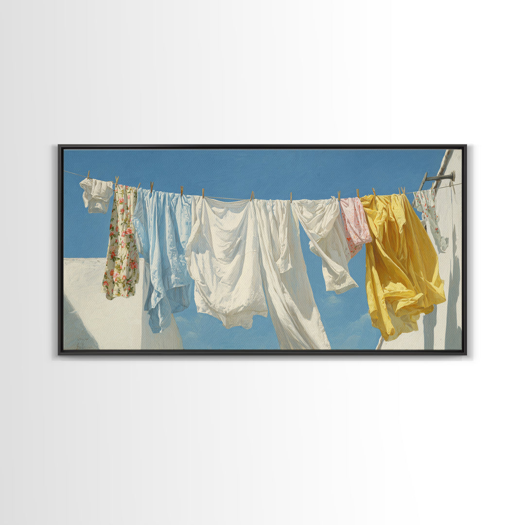 Clothesline with White Linens Blowing in Sunshine Canvas Print, Laundry Room Art, Farmhouse Decor, Living Room Decor, Clean, LRA-2x1-93