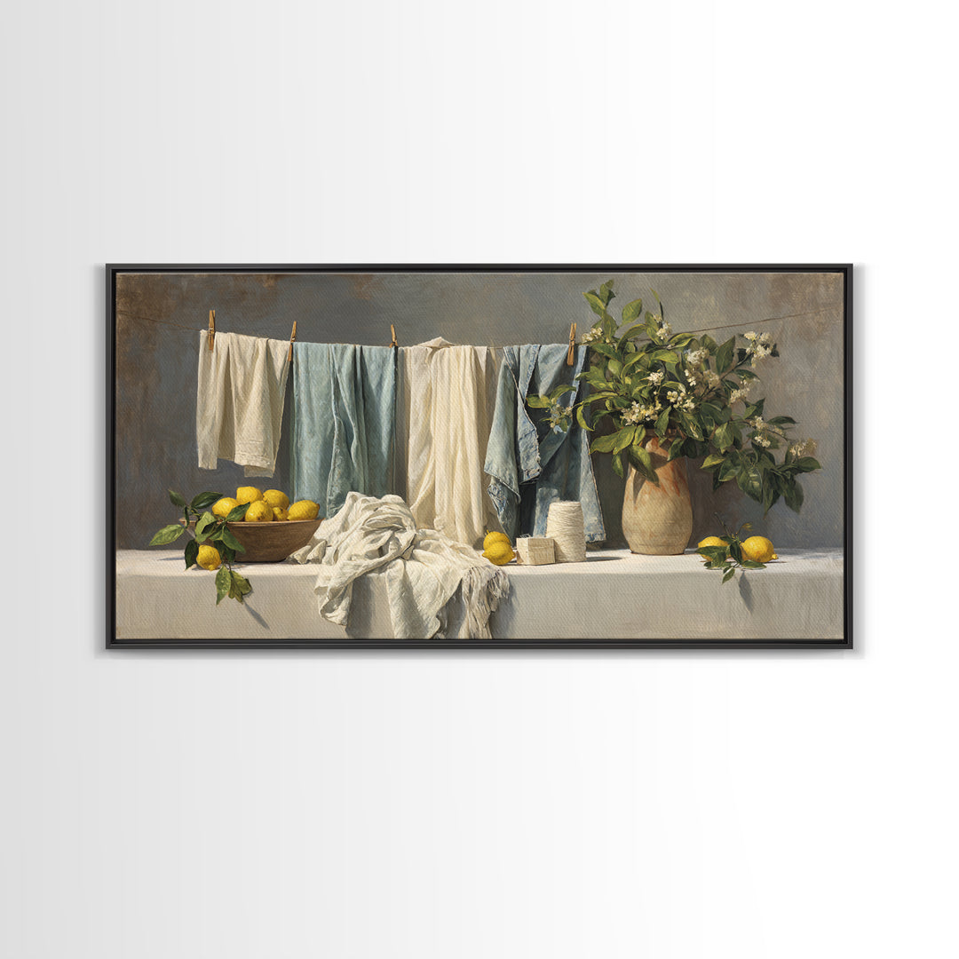 Lemon and Clean Linen Still Life Framed Canvas Print, Laundry Room Art, Digital Art Print, Living Room Decor, Fine Art, Clean, LRA-2x1-95