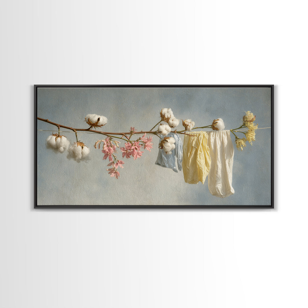 Fresh Cotton Branch Botanical Study Framed Canvas Print, Laundry Room Art, Wall Art Print, Living Room Decor, Watercolor Art, LRA-2x1-99