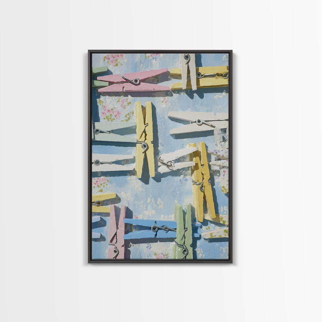 Cheerful Clothespins Arranged as Pattern Framed Canvas Print, Laundry Room Art, Minimalist Decor, Living Room Decor, LRA-2x3-12