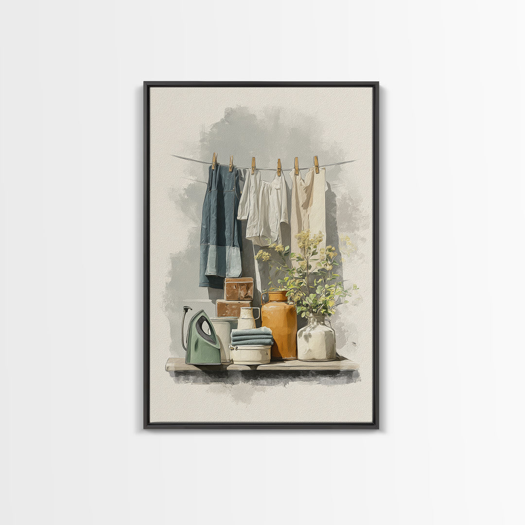 Retro Iron Illustration Framed Canvas Print, Laundry Room Art, Printable Wall Art, Living Room Decor, Abstract Art, Clean, LRA-2x3-17
