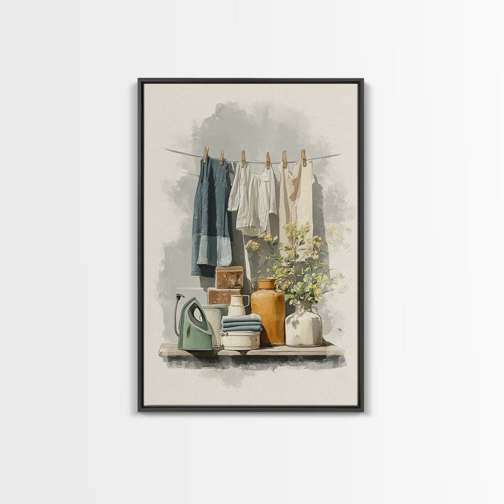 Retro Iron Illustration Framed Canvas Print, Laundry Room Art, Printable Wall Art, Living Room Decor, Abstract Art, Clean, LRA-2x3-17