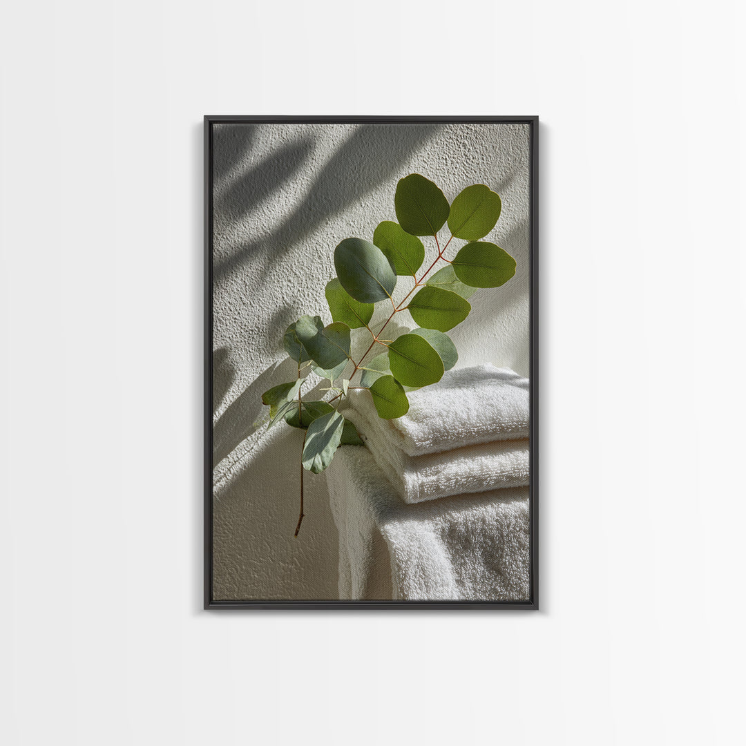 Sunlit White Towels and Eucalyptus Branch Framed Canvas Print, Laundry Room Art, Neutral Decor, Living Room Decor, LRA-2x3-19