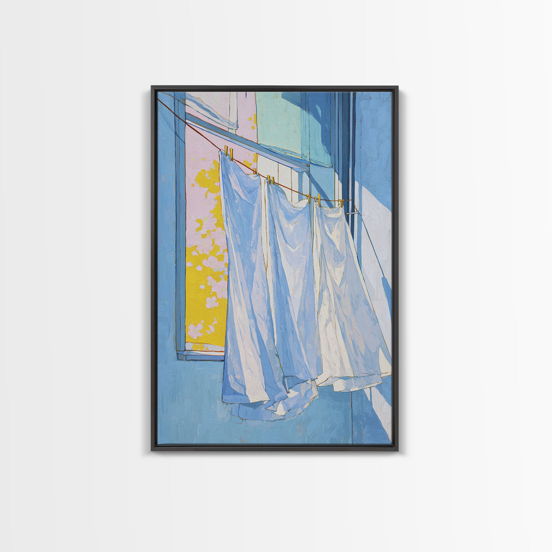 Simple Line Drawing of Hanging Laundry Framed Canvas Print, Laundry Room Art, Living Room Decor, Abstract Art, Clean, LRA-2x3-24