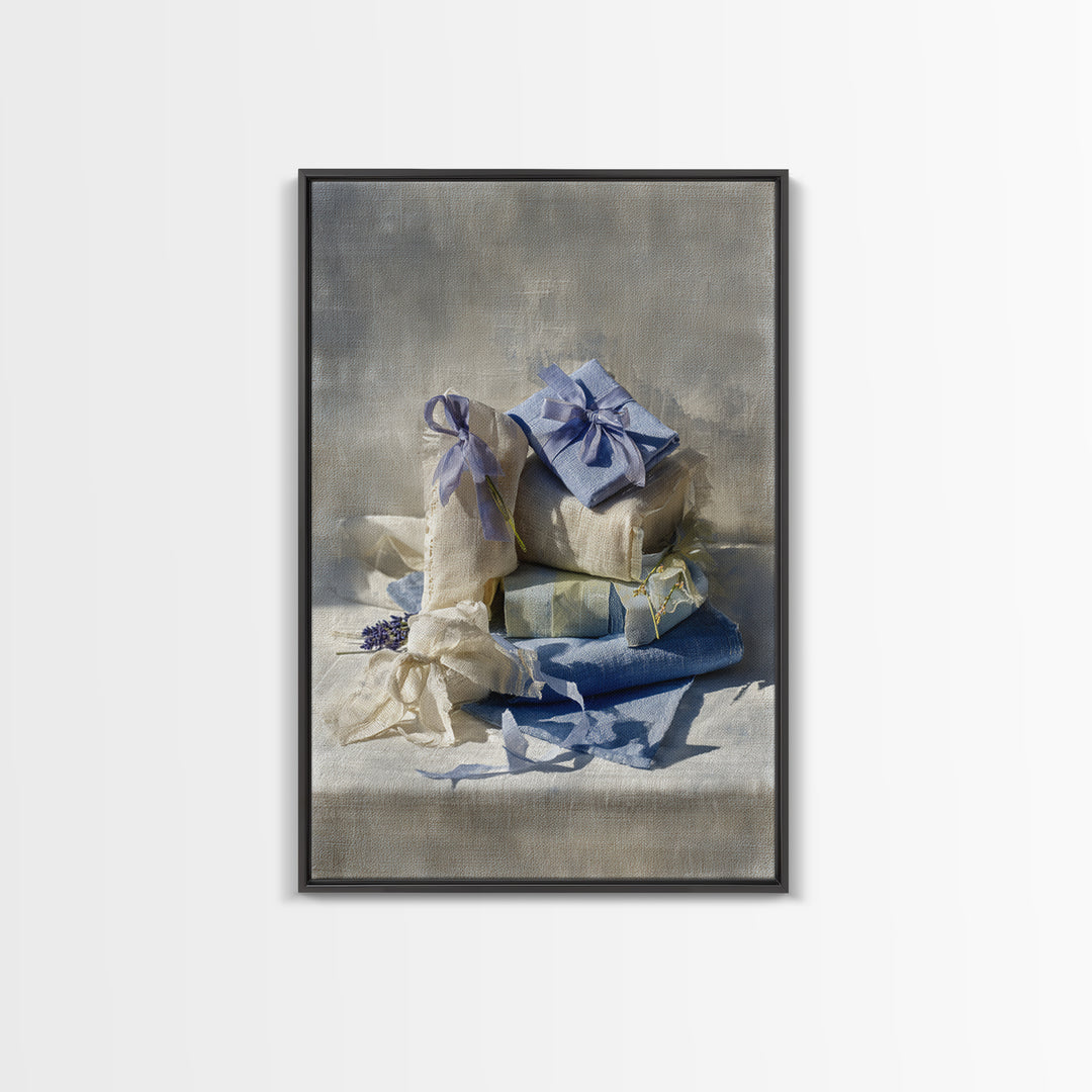 Lavender Sachet and Ribbon Still Life Framed Canvas Print, Laundry Room Art, Home Decor, Living Room Decor, Fine Art, Clean, LRA-2x3-25