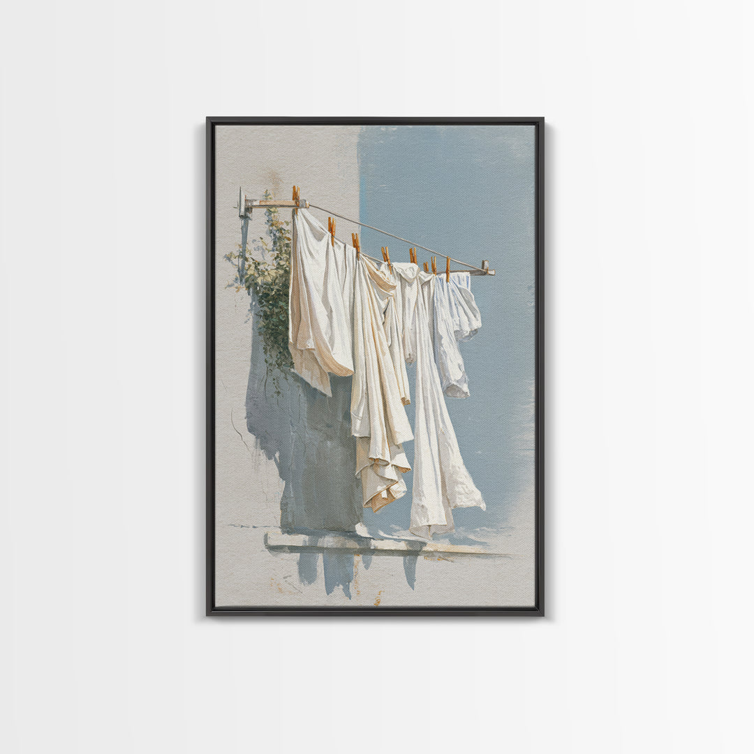 Clothesline with White Linens Blowing in Sunshine Canvas Print, Laundry Room Art, Digital Print, Living Room Decor, Clean, LRA-2x3-33