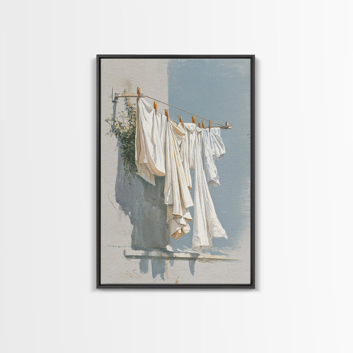 Clothesline with White Linens Blowing in Sunshine Canvas Print, Laundry Room Art, Digital Print, Living Room Decor, Clean, LRA-2x3-33