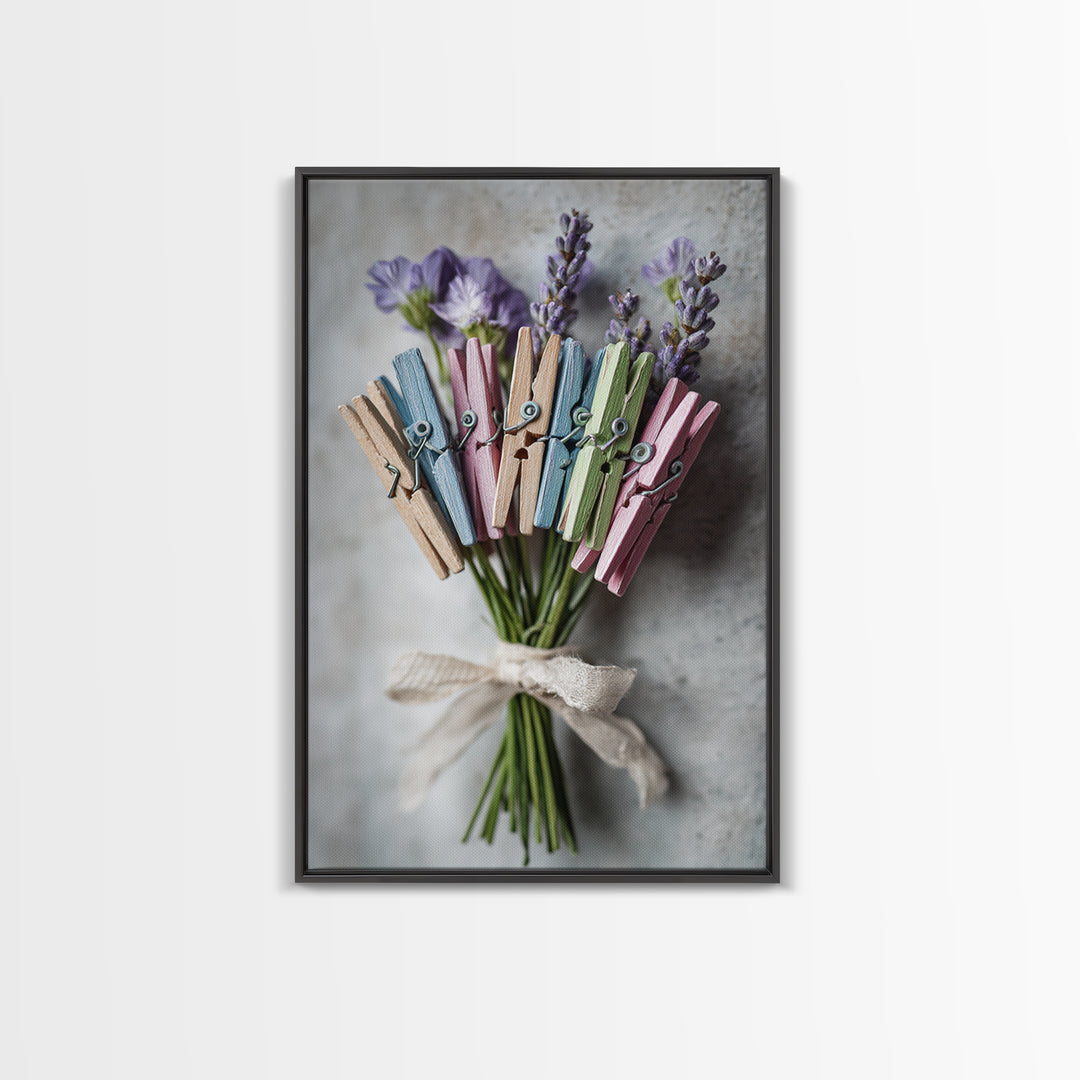Clothespin Bouquet in Folk Art Style Framed Canvas Print, Laundry Room Art, Statement Artwork, Living Room Decor, Clean, LRA-2x3-4