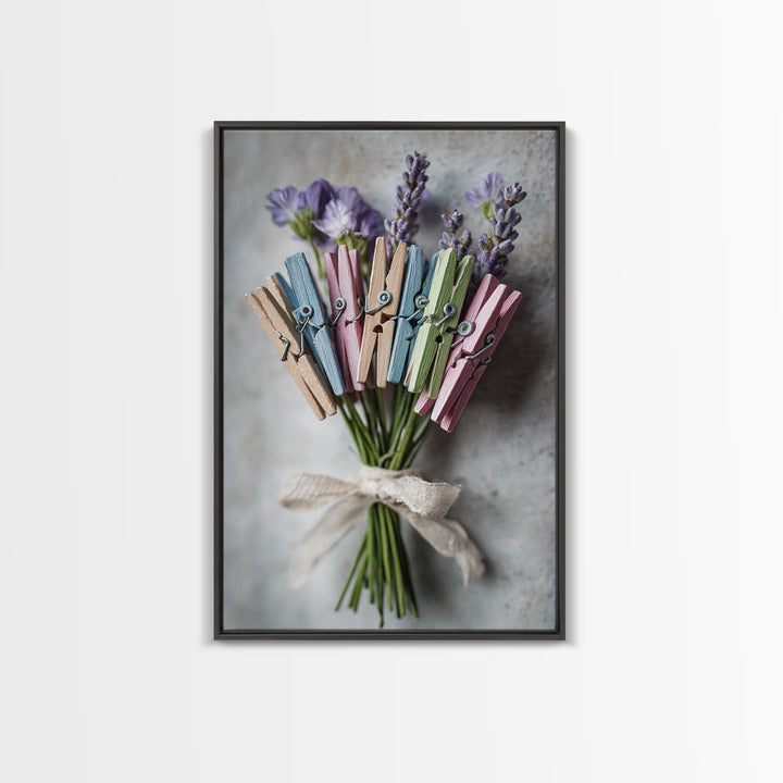 Clothespin Bouquet in Folk Art Style Framed Canvas Print, Laundry Room Art, Statement Artwork, Living Room Decor, Clean, LRA-2x3-4