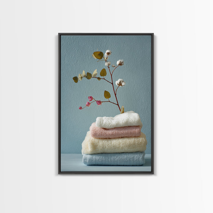 Sunlit White Towels and Eucalyptus Branch Framed Canvas Print, Laundry Room Art, Contemporary Art, Living Room Decor, Clean, LRA-2x3-43