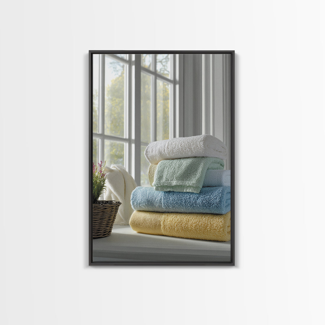 Basket of Folded Towels Framed Canvas Print, Laundry Room Art, Textured Painting, Living Room Decor, Fine Art, Clean, LRA-2x3-46