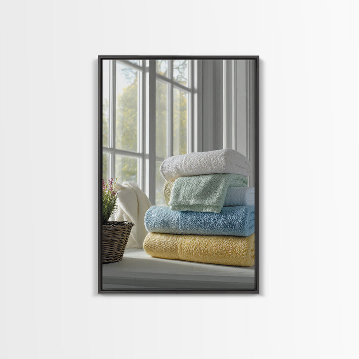 Basket of Folded Towels Framed Canvas Print, Laundry Room Art, Textured Painting, Living Room Decor, Fine Art, Clean, LRA-2x3-46