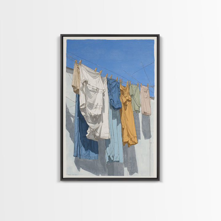 Simple Line Drawing of Hanging Laundry Framed Canvas Print, Laundry Room Art, Boho Decor, Living Room Decor, Abstract Art, LRA-2x3-48
