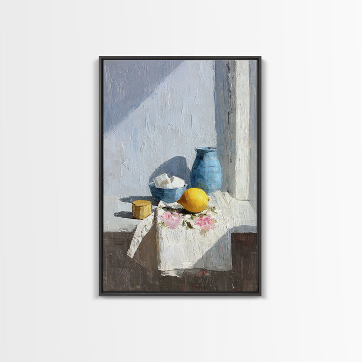Lemon and Clean Linen Still Life Framed Canvas Print, Laundry Room Art, Digital Art, Living Room Decor, Abstract Art, Clean, LRA-2x3-59