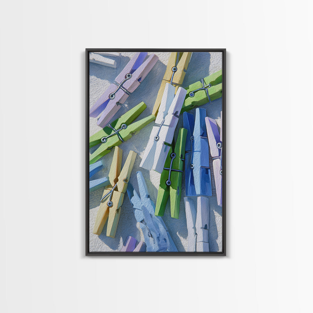 Cheerful Clothespins Arranged as Pattern Framed Canvas Print, Laundry Room Art, Home Decor, Living Room Decor, Fine Art, Clean, LRA-2x3-60