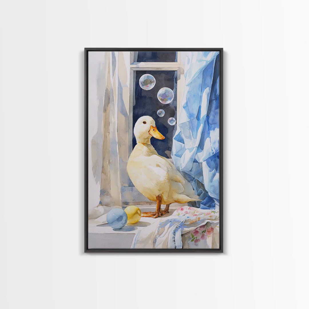 Duck and Bubbles Whimsical Watercolor Canvas Print, Laundry Room Art, Digital Wall Art, Living Room Decor, Fine Art, Clean, LRA-2x3-71