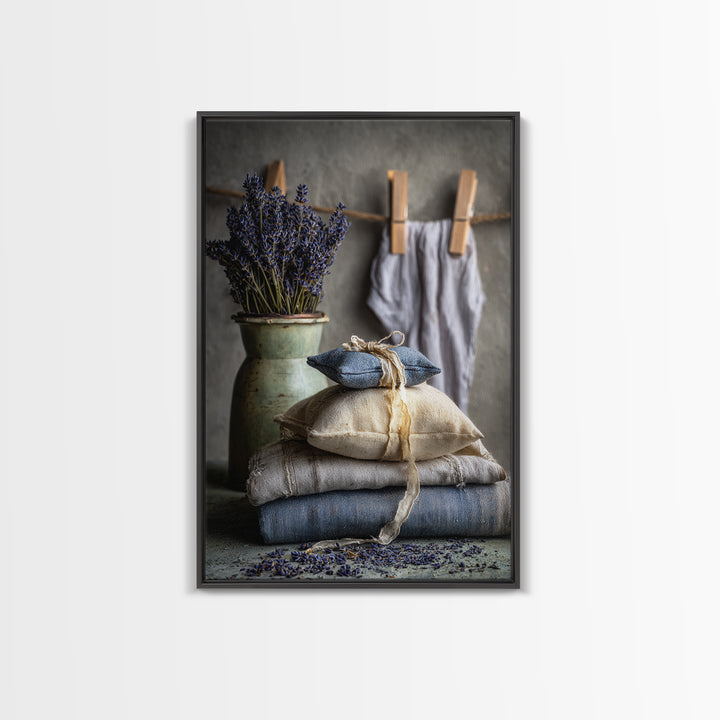 Lavender Sachet and Ribbon Still Life Framed Canvas Print, Laundry Room Art, Farmhouse Decor, Living Room Decor, Clean, LRA-2x3-73