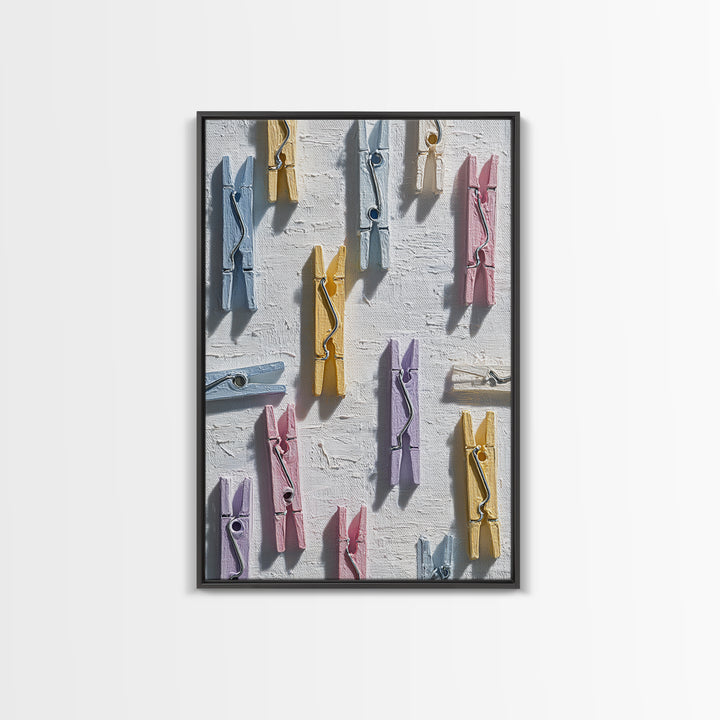 Cheerful Clothespins Arranged as Pattern Framed Canvas Print, Laundry Room Art, Downloadable Art, Living Room Decor, Clean, LRA-2x3-84