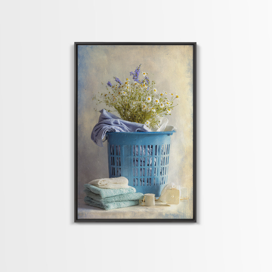 Blue Laundry Basket Framed Canvas Print, Laundry Room Art, Wall Art Print, Living Room Decor, Oil Painting, Clean, LRA-2x3-85