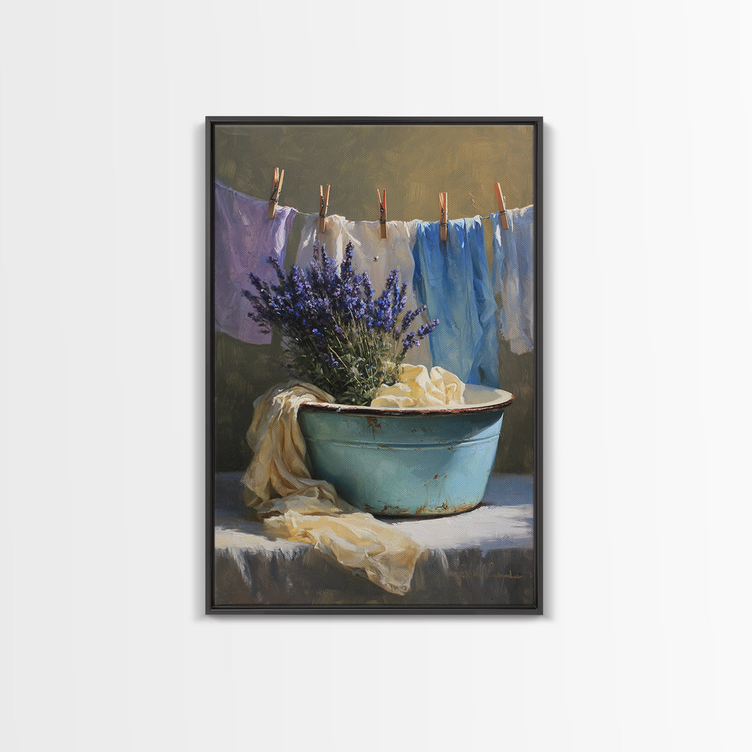 Old Enamel Basin Filled Framed Canvas Print, Laundry Room Art, Artwork, Living Room Decor, Fine Art, Clean, Minimalist Wall Art, LRA-2x3-88