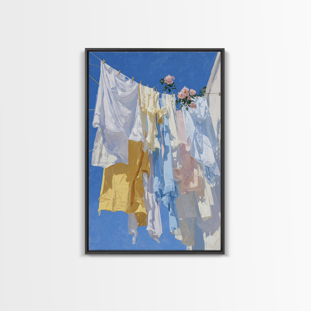 Clothesline with White Linens Blowing in Sunshine Canvas Print, Laundry Room Art, Living Room Decor, Abstract Art, Clean, LRA-2x3-9