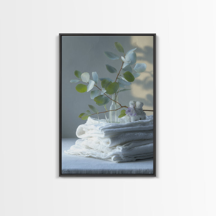 Sunlit White Towels and Eucalyptus Branch Canvas Print, Laundry Room Art, Retro Wall Art, Living Room Decor, Watercolor Art, LRA-2x3-91