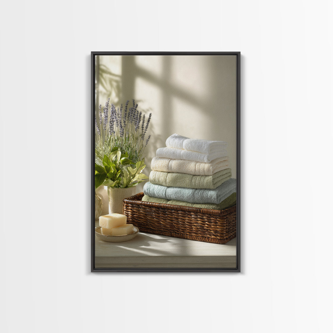 Basket of Folded Towels Framed Canvas Print, Laundry Room Art, Digital Print, Living Room Decor, Clean, Custom Wall Art, LRA-2x3-94