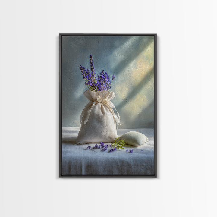 Lavender Sachet and Ribbon Still Life Framed Canvas Print, Laundry Room Art, Farmhouse Decor, Living Room Decor, Clean, LRA-2x3-97