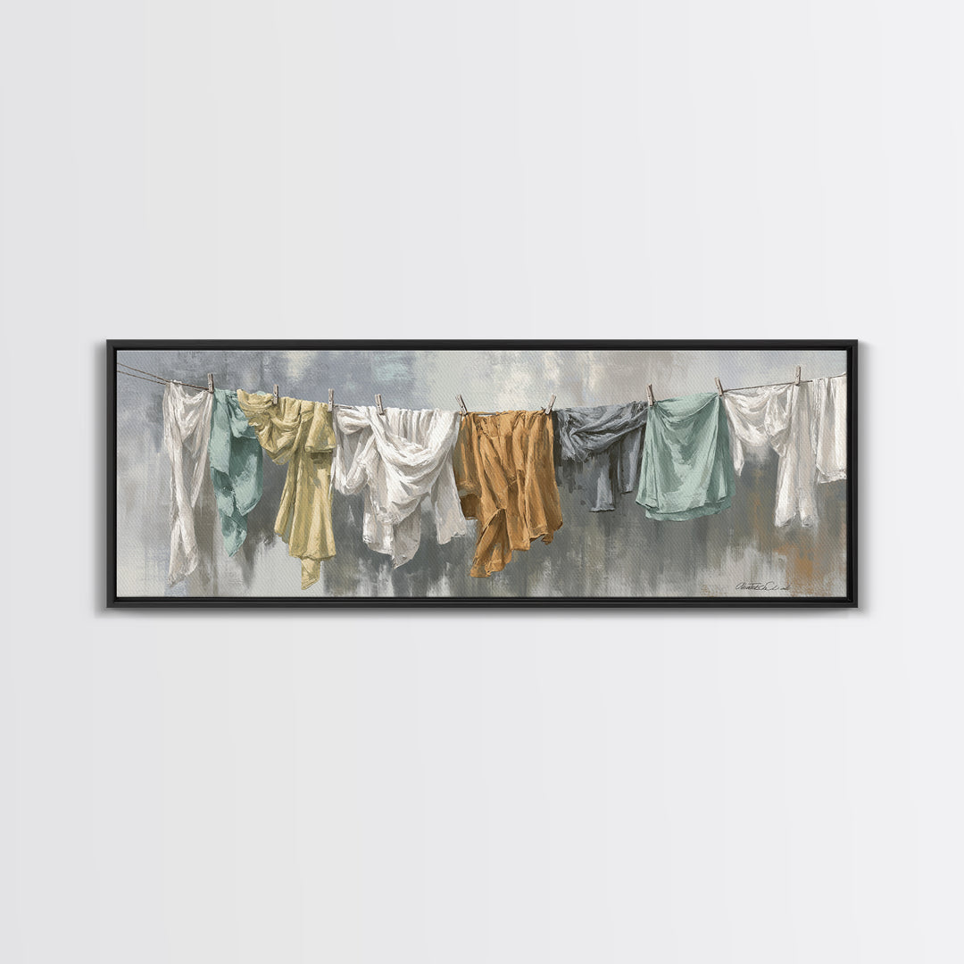 Clothesline with White Linens Blowing in Sunshine Canvas Print, Laundry Room Art, Farmhouse Wall Decor, Living Room Decor, LRA-3x1-17