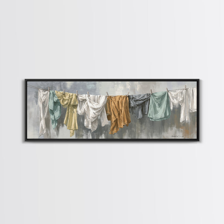 Clothesline with White Linens Blowing in Sunshine Canvas Print, Laundry Room Art, Farmhouse Wall Decor, Living Room Decor, LRA-3x1-17